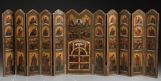 Saints, prophets and important Christian feast are depicted on this Russian portable iconostasis, which dates to the early 19th century. Consisting of 11 hinged panels, the stand is 21 3/4 inches high by 53 1/2 inches long and has a $10,000-$12,000 estimate. Image courtesy Jackson’s International Auctioneers.