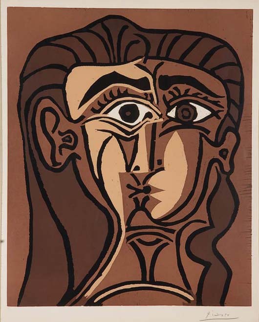 Numbered 36/50, this 1962 Picasso linocut measures about 25 1/4 inches by 20 3/4 inches. It has a conservative estimate of $40,000-$60,000. Image courtesy Jackson’s International Auctioneers.
