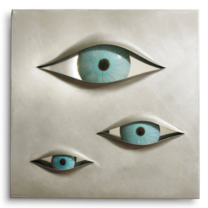 Murano glass forms the eyes in this Angelo Brotto Malizia wall light by Esperia, Italy, 1974. The fixture, which is 31 1/2 inches wide by 7 inches deep by 31 1/2 inches high, is also made of aluminum and stainless steel. It has a $3,000-$5,000 estimate. Image courtesy of Wright.