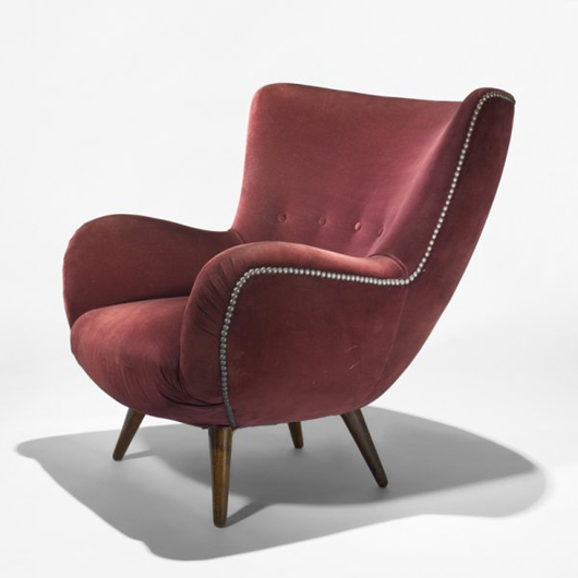 This is one of two Carlo Mollino Acotto lounge chairs that will be sold in the Wright Important Design auction. The Italian classic from the early 1950s will sell with a certificate of expertise from Fulvio Ferrari. Image courtesy of Wright.