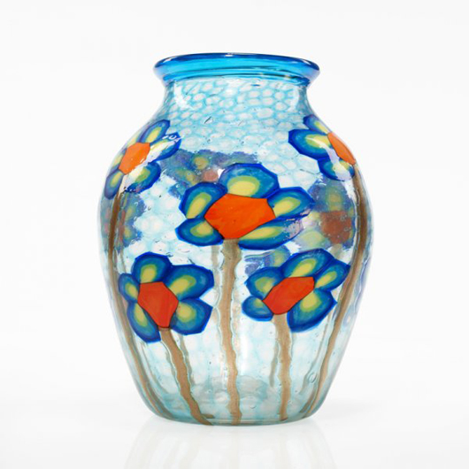 Entrepreneur and designer Ercole Barovier produced this Venetian art glass Mosaico vase circa 1924-1925. It is 10 3/4 inches high by 8 inches in diameter. The estimate is $50,000-$70,000. Image courtesy of Wright.