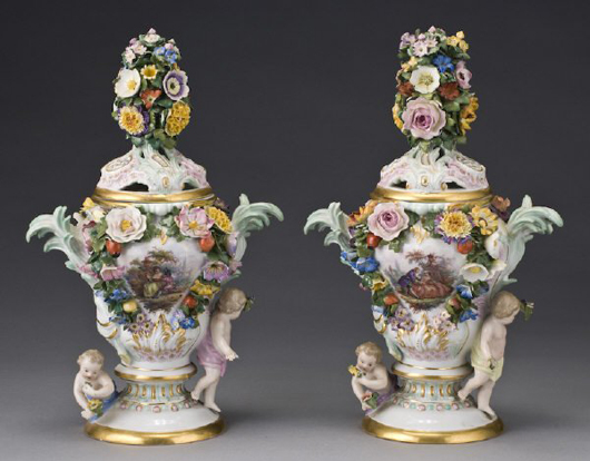 This pair of Meissen porcelain potpourri has already attracted multiple Internet bids. They stand 12 1/2 inches high and have a $1,500-$2,00 estimate. Image courtesy of Dallas Auction Gallery.