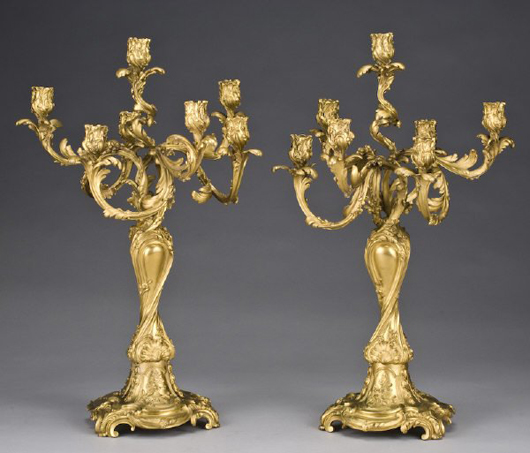 Francois Deniere (French 1774-1866) was noted for his high quality bronze work. This signed pair of gilt bronze candelabra stands 23 1/2 inches high. The estimate is $5,000-$7,000. Image courtesy of Dallas Auction Gallery.