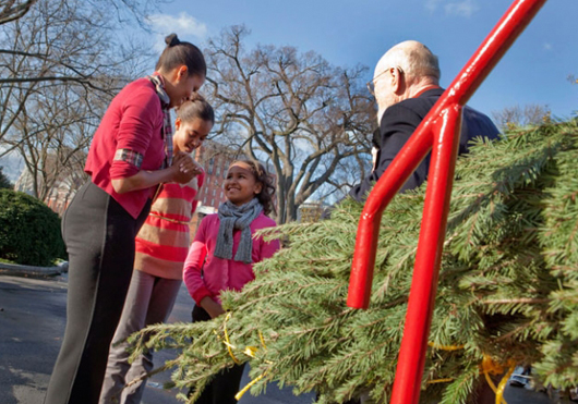 First Lady Michelle Obama, with daughters Malia and Sasha, accept delivery of the White House Christmas tree from Eric Sundback as it is delivered to the North Portico of the White House on Nov. 27, 2009. The 18½-foot Douglas fir was planted by Mr. and Mrs. Sundback 13 years ago on their Shepherdstown, W.Va., farm. Official White House Photo by Samantha Appleton.