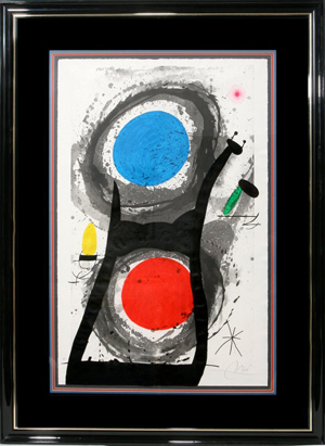 Pencil signed at the lower right, this Joan Miro aquatint measures 40 1/2 inches by 26 inches. It has a $15,000-$20,000 estimate. Image courtesy of DuMouchelles.