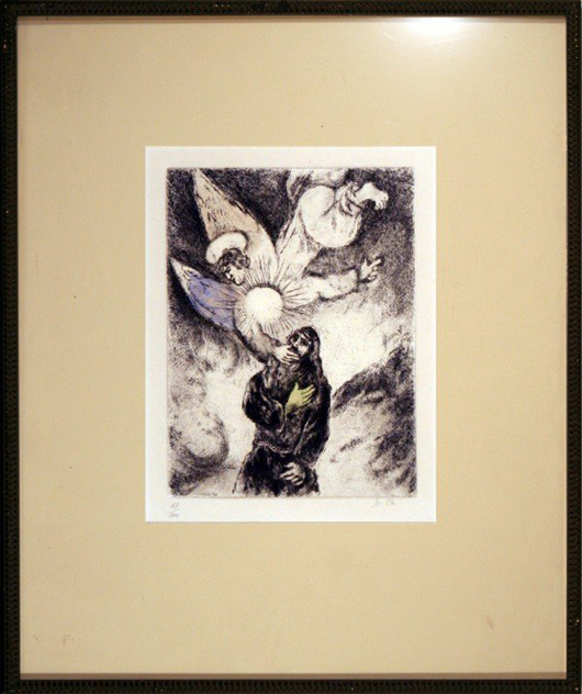 Marc Chagall’s hand-colored etching ‘Scouffrance de Jeremiah’ is from the Bible Series, 1952. It has a $2,000-$4,000 estimate. Image courtesy of Clark Cierlak Fine Arts.