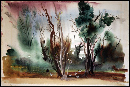 Paul Wonner painted his ‘Backyard’ circa 1941-1945. The watercolor on paper measures 15 inches by 22 inches and has a $2,000-$4,000 estimate. Image courtesy of Clark Cierlak Fine Arts.