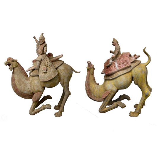 These Tang Period pottery Bactrian camels have undergone C-Link R&D Limited TL testing. They measure 26 inches and 32 inches and carry a $12,000-$16,000 estimate. Image courtesy William Jenack Auctioneers.