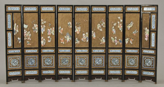 Standing 90 inches long, this Chinese Qing dynasty Jianqing nine-panel screen sold for $23,900. Image courtesy of Dallas Auction Gallery.