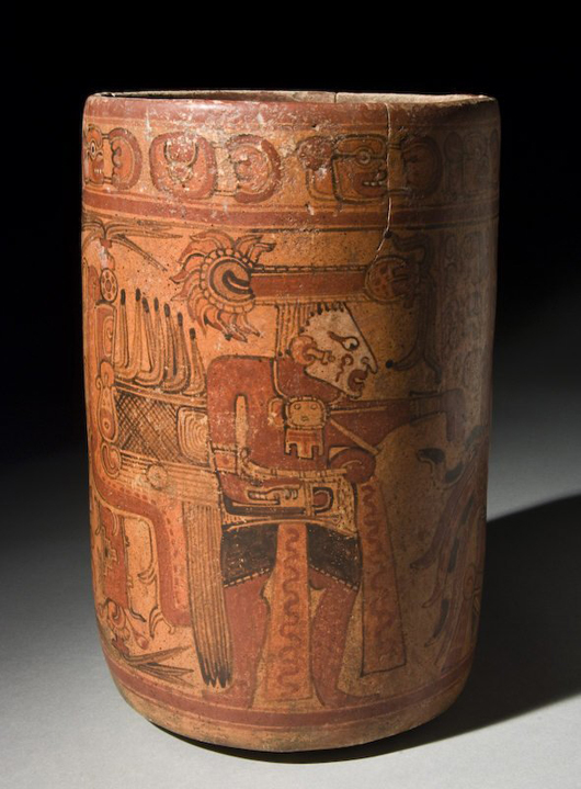 Considered an important piece, this pre-Columbian cylinder vase of Salvadorian Mayan design sold for $9,560. Image courtesy of Dallas Auction Gallery.