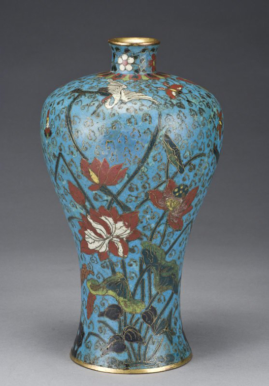 A drilled bottom apparently did not detract from this 11 1/2-inch Chinese Ming gilt cloisonné Meiping vase, which sold for $17,925, more than triple the high estimate. Image courtesy of Dallas Auction Gallery.