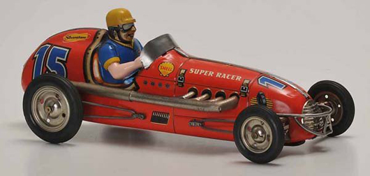 With a friction motor ready to whine, this tin racing car by Wueco, West Germany, is favored to sell for $5,700-$9,300. Image courtesy of Antico Mondo.