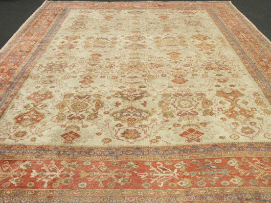 An allover geometric display marks this room-size Ziegler Sultanbad carpet, which has a $160,000-$200,000 estimate. Image courtesy of Antique Carpets Online.