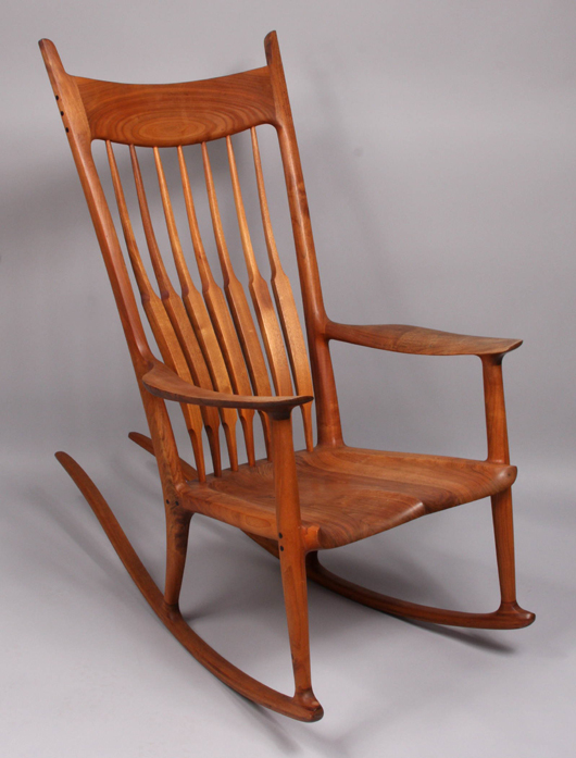 Sam Maloof teakwood rocker, 45 inches high. Signed, numbered and dated on base. Est. $20,000-$30,000. 