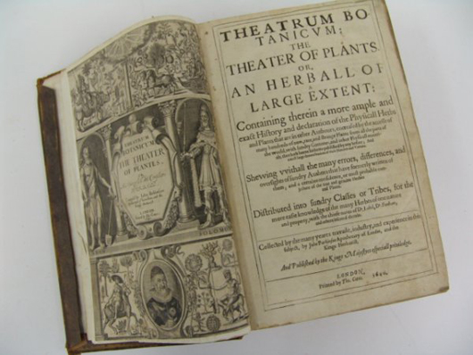 English herbalist John Parkinson’s ‘Theatrum Botanicum’ (est. $2,500-$5,000) contains more than 2,700 woodcut illustrations. The 1,755-page volume was printed in 1640. Image courtesy of Dirk Soulis Auctions.