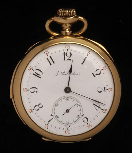 J. B. Hudson 14K gold minute repeater watch, est. $1,500-$2,500. Image courtesy Kimball M. Sterling.