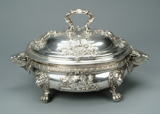 A bid of £24,000 ($39,000) secured this important 18th-century silver tureen by English maker George Wickes at Dreweatts in Donnington Priory.