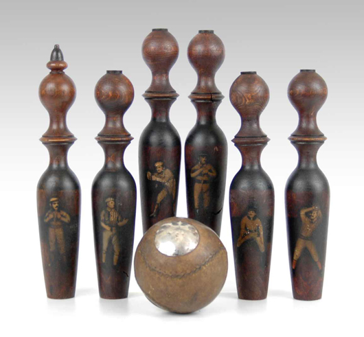 Circa 1900 wooden bowling pins game with leather-covered, hand-stitched ball with silverplated medallions of Dan Brouthers and John Clarkson, est. $1,000-$1,800. Images courtesy of Stephenson’s Auctioneers & Appraisers.