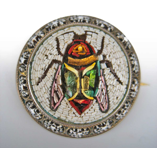 Egyptian Revival beetle pin in silver mounting, est. $120-$250. Image courtesy of Stephenson’s Auctioneers & Appraisers.