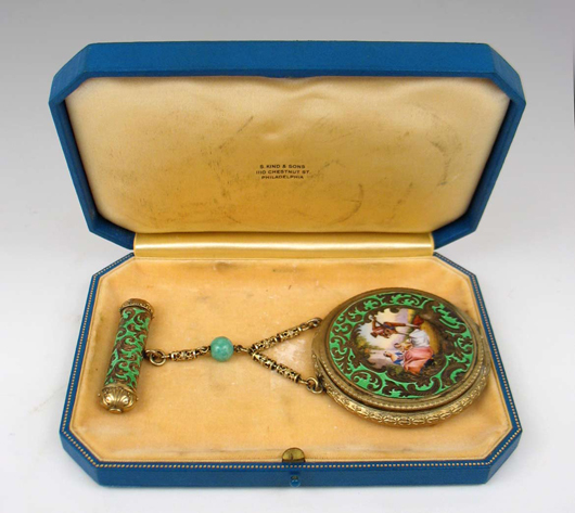 Sterling silver enameled and hand-painted lady’s necessaire, est. $200-$300. Image courtesy of Stephenson’s Auctioneers & Appraisers.