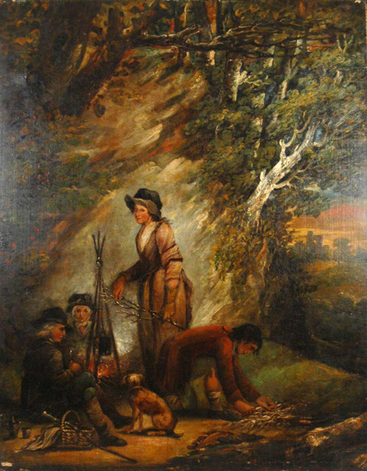 George Morland oil-on-canvas painting titled Gypsy Encampment, est. $3,000-$5,000. Images courtesy of Stephenson’s Auctioneers & Appraisers.