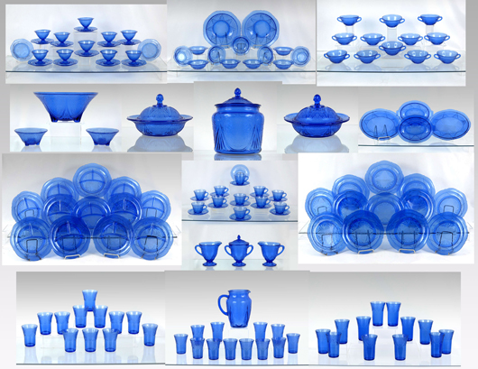 Set of Hazel-Atlas cobalt “Royal Lace” service for 12, with serving pieces, est. $3,000-$5,000. Image courtesy of Stephenson’s Auctioneers & Appraisers.
