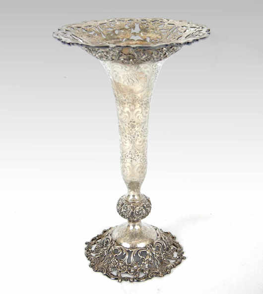 J. E. Caldwell sterling silver vase, 15 inches tall, est. $1,000-$1,600. Images courtesy of Stephenson’s Auctioneers & Appraisers.