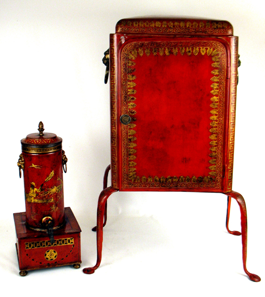 Circa-1820 Regency red and gilt tole painted hot water urn and food warmer, est. $1,000-$2,000. Image courtesy of Stephenson’s Auctioneers & Appraisers.
