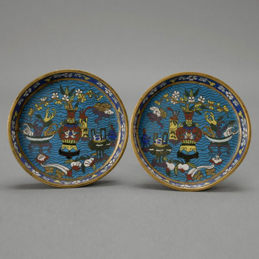 From a New York collector comes a pair of Chinese cloisonné dishes, Qing Dynasty, circa 1700. The dishes are 5 3/4 inches in diameter and have a $2,000-$4,000 estimate. Image courtesy of Michaan’s Auctions.