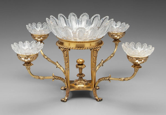 Marks for Matthew Boulton, 1817 and Birmingham were impressed on this George III silver epergne with golt finish. The epergne is expected to bring $8,000-$15,000. Image courtesy of Brunk Auctions.