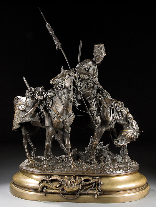 The bronze grouping, Zaporezhets after the Battle, by Russian sculpture Evgeny Lansere (1848-1886) sold to a buyer from Moscow for $33,600 at Jackson’s. Image courtesy Jackson's International Auctioneers.  