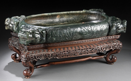 A Chinese buyer purchased this 19th-century Chinese carved jade water basin for $55,200. Image courtesy Jackson's International Auctioneers. 