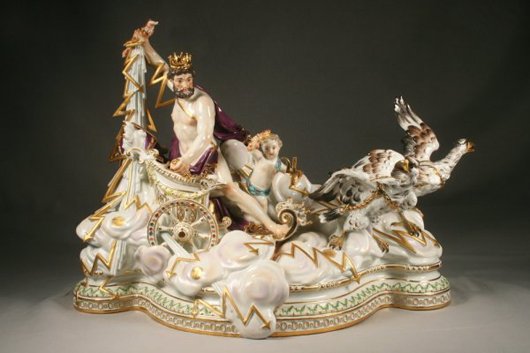 Zeus is one of four large Meissen mythological figural groups that will be sold at the auction. Groups featuring Zeus, Mars and Mercury are expected to sell for $5,000-$7,000 apiece. Image courtesy Mathesons’ AA Auctions.