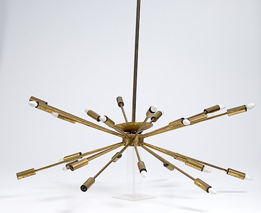 Sputnik star burst chandelier, polished brass; circa 1956; diameter 40 inches, 32 inches high; estimate: $100-$200.