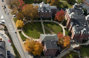Aerial view of Woodburn Circle on West Virginia University's downtown campus. 2004 photo by Wvuuam, Creative Commons license, courtesy Wikimedia Commons.