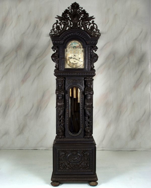 The best R.J. Horner clock money could buy was this nine tube oak grandfather clock no. 10. Standing 10 feet high, this clock has its original finish and a $65,000-$85,000 estimate. Image courtesy of North Georgia Auction Gallery.