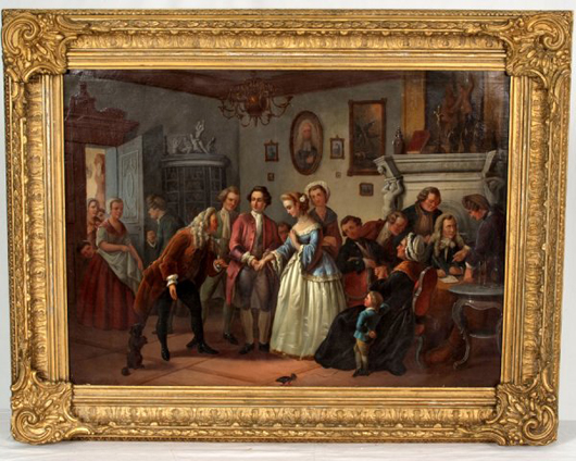 Johann Hamza (German, 1850-1929) painted this oil on canvas titled ‘Introductions in an Interior.’ The 29- by 39-inch signed painting has a $12,000-$15,000 estimate. Image courtesy of North Georgia Auction Gallery.