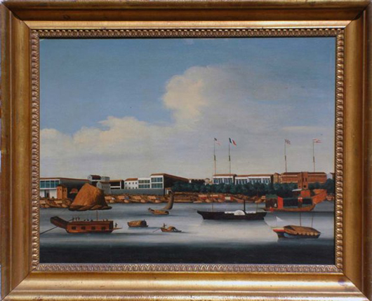 ‘View of Canton’ is an unsigned Chinese School work from the 18th or 19th century. Relined and with minor inpainting in the sky, the oil on canvas painting has a $10,000-$15,000 estimate. Image courtesy of Auction Gallery of the Palm Beaches Inc.
