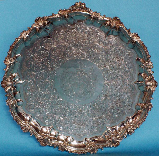 This important William IV Paul Storr sterling silver salver has a $15,000-$20,000 estimate. Made in London in 1834, it is stamped “Storr & Mortimer 213.” Image courtesy of Auction Gallery of the Palm Beaches Inc.
