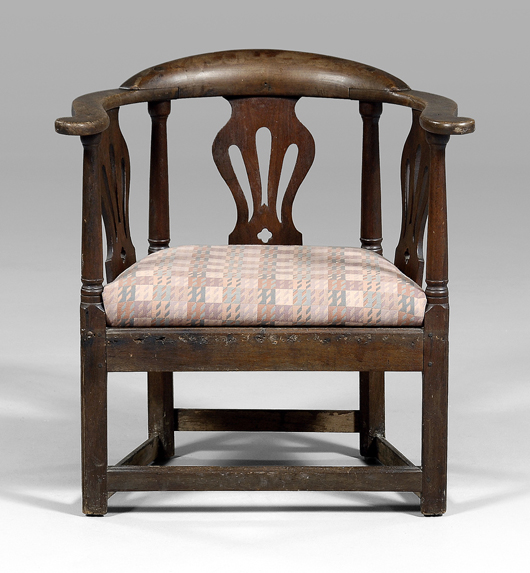The estimate on this 27½ inch by 25¼ inch by 21 inch North Carolina Chippendale armchair was $1,000/$1,500. It did much better than that. The selling price was $18,400. Image courtesy Brunk Auctions.