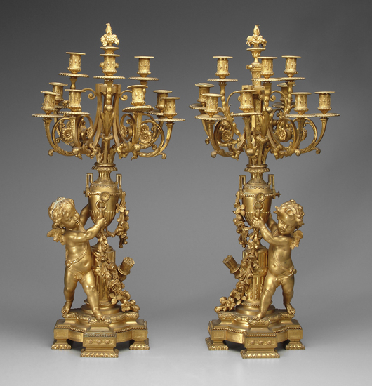 The Villa Del Leone Collection from Palm Springs, Calif., had consigned more than 100 lots for the sale’s second session. At $12,650, this was the collection’s top lot: a pair of 34½ inch 19th-century French Louis IV style bronze doré candelabra. Image courtesy Brunk Auctions.