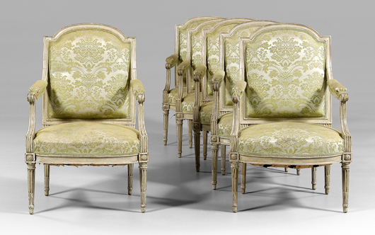 A set of six Henri Jacob open armchairs (fauteuil) were from a Charleston, S.C., collection. They previously sold at Sotheby’s New York in 1978. At Brunk’s January 2010 sale, they brought $26,450. Image courtesy Brunk Auctions.