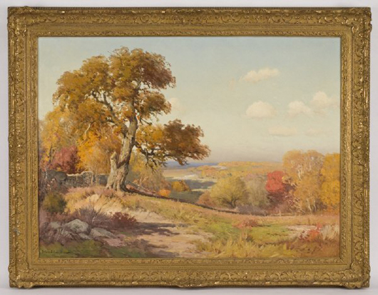 Porfirio Salinas painted this autumn landscape of Texas hill country. Signed lower left, the 28 1/2- by 38 1/2 oil on canvas has a $10,000-$15,000 estimate. Image courtesy of Dallas Auction Gallery.
