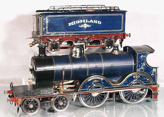 This Bassett-Lowke Highland locomotive and tender is a live steam engine. The early 1900s toy train has a $4,000-$6,000 estimate. Image courtesy of Lloyd Ralston Gallery.