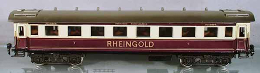 Thee of these 1 gauge Rheingold passenger cars by Marklin sold separately in the late 1930s, however, they will be offered as a single lot at auction. They carry a $25,000-$30,000 estimate. Image courtesy of Lloyd Ralston Gallery.