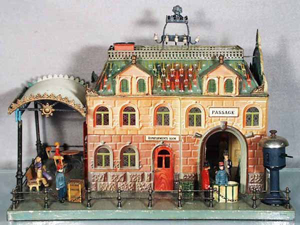 The Marklin 2651 Station from the early 1900s features English language signs, glass windows and includes figures and luggage. It has a $10,000-$15,000 estimate. Image courtesy of Lloyd Ralston Gallery.
