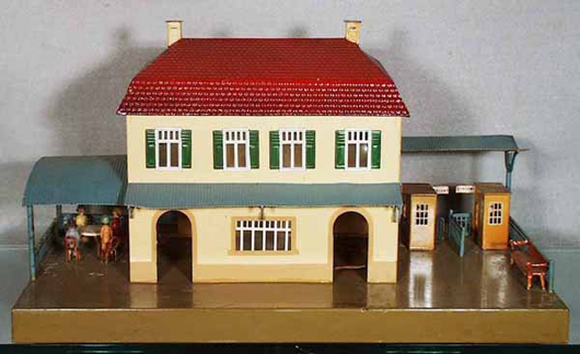 Marklin’s 2029 Station was made in the mid-1920s through the early 1930s. The hand-painted tin toy is 18 inches long, by 11 inches deep by 10 /21 inches high. The estimate is $4,000-$5,000.