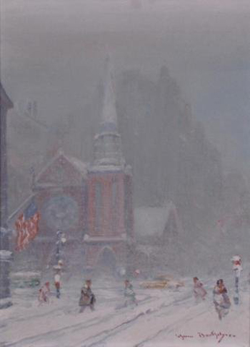 Snowy city scenes were Johann Berthelsen’s specialty. This 16- by 12-inch oil on canvas titled ‘St. James Church, New York,’ has a $2,500-$3,500 estimate. Image courtesy of Wickliff Auctioneers.