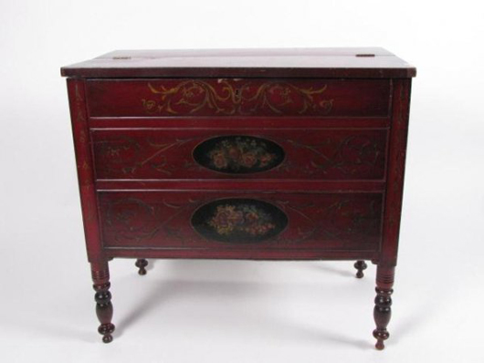 The floral décor, later red finish and false drawer front make this sugar chest unique. Made in the mid-1800s, it has a $400-800 estimate. Image courtesy of Wickliff Auctioneers.