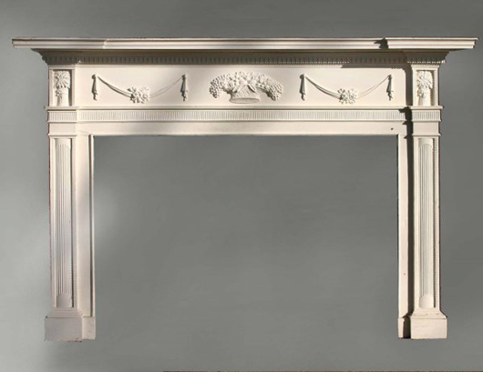 Famed Salem, Mass., architect and carver Samuel McIntire crafted this mantel, which measures 55 3/4 inches high, 84 inches wide and 14 1/2 inches deep. It has a $4,000-$6,000 estimate. Image courtesy of Carl W. Stinson Inc.